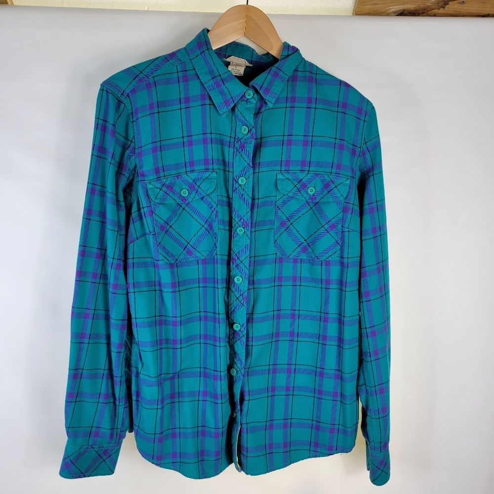 Womans Duluth Trading Co Plaid Flannel Teal Purple Size Large Button Front